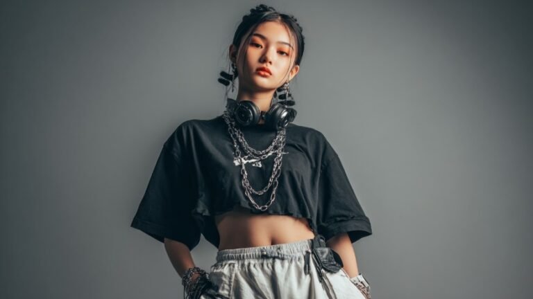 Acubi fashion inspiration with baggy bottoms, fitted styling, neutral palette, and effortless cool-girl aesthetic