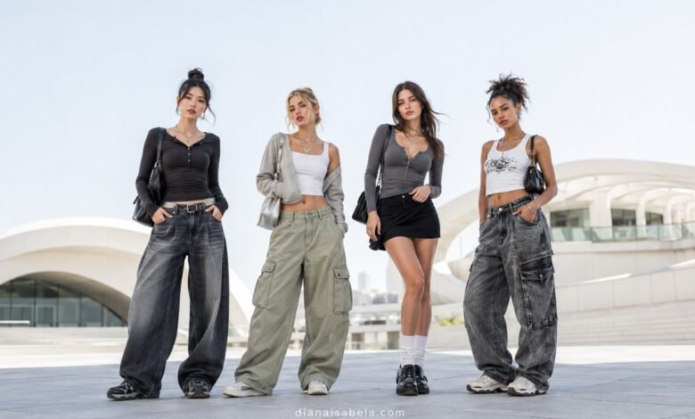 Diverse women wearing Acubi fashion outfits with baggy jeans, cargo pants, mini skirt, layered tops, chunky shoes, and silver accessories