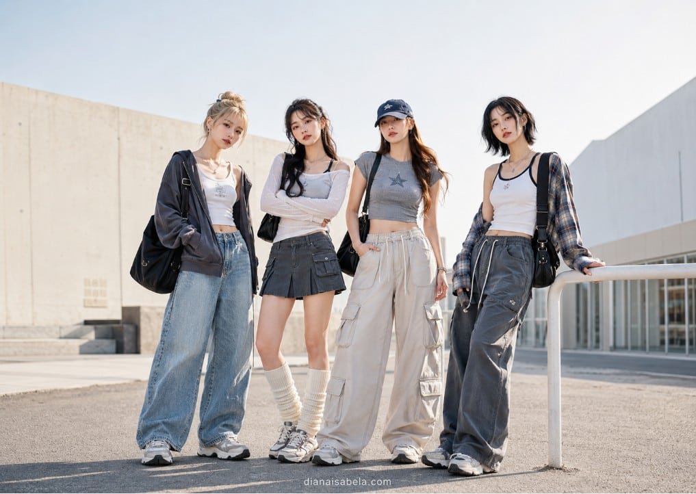 Four women wearing Acubi fashion outfits with baggy jeans, cargo pants, mini skirt, layered tops, and chunky sneakers
