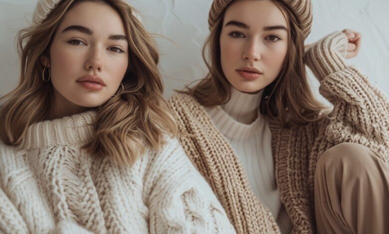 Cozy knitwear inspired by Aritzia fall collection 2025, featuring warm neutral sweaters in a soft, minimal aesthetic