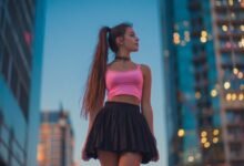 Micro Mini Skirts Are Back — Is It 2003 Again?! 10 City street outfit featuring a black micro mini skirt styled with a pink top, highlighting micro mini skirts 2025 fashion