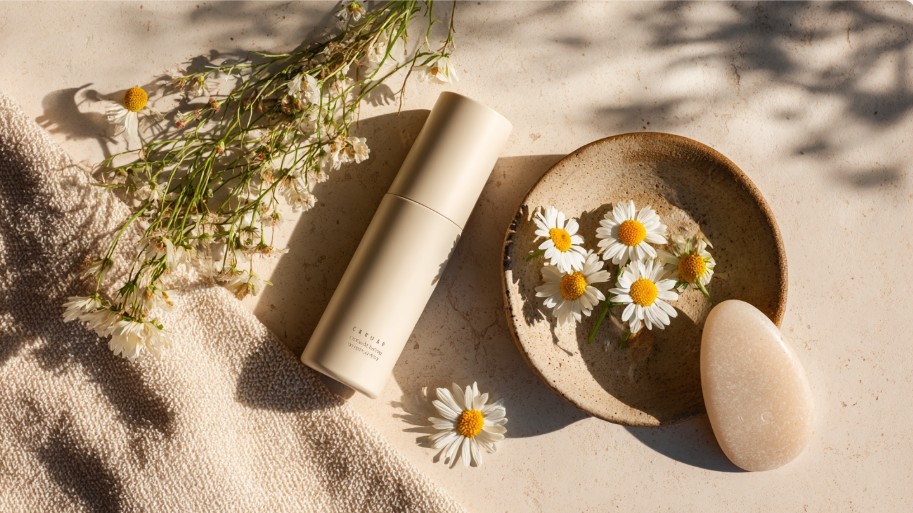 Natural flat-lay of teen skincare products with chamomile flowers and soft sunlight