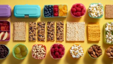 Flat-lay of assorted foods representing the best backpack snacks