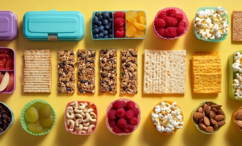 Flat-lay of assorted foods representing the best backpack snacks