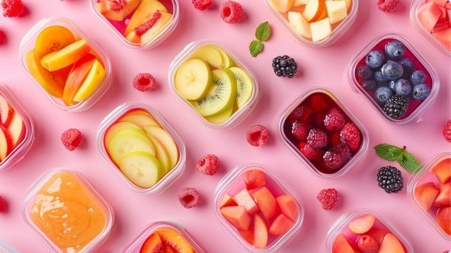 Fruit cups and pouches arranged as the best backpack snacks