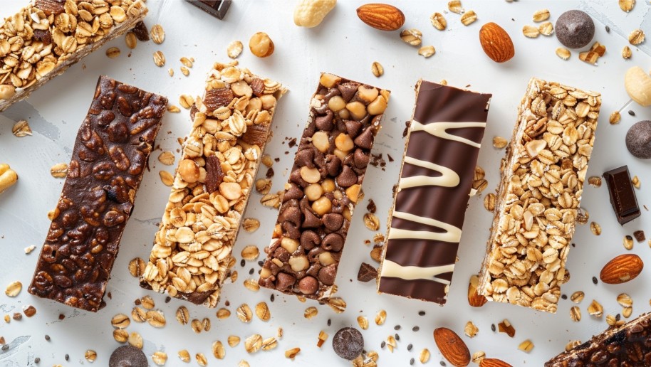 Granola and protein bars displayed as the best backpack snacks