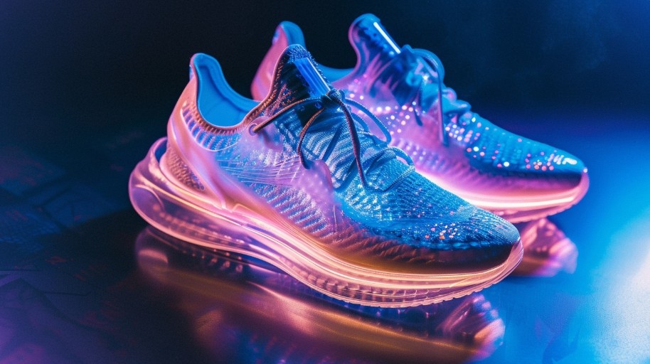 Futuristic flat-lay featuring the best sneakers 2025 with holographic details
