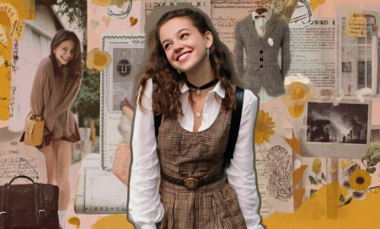 Aesthetic collage representing a capsule wardrobe with vintage academic fashion elements