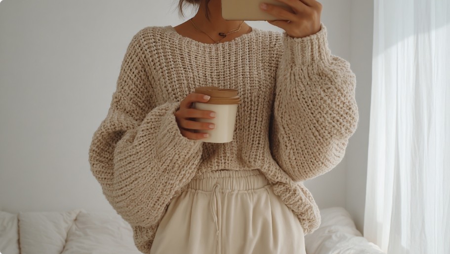 Cozy winter outfit with an oversized knit sweater for a crop tops in winter comparison