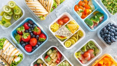 Flat-lay of colorful foods representing healthy school lunches