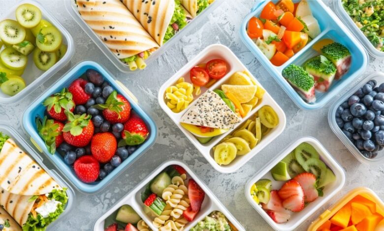 Flat-lay of colorful foods representing healthy school lunches