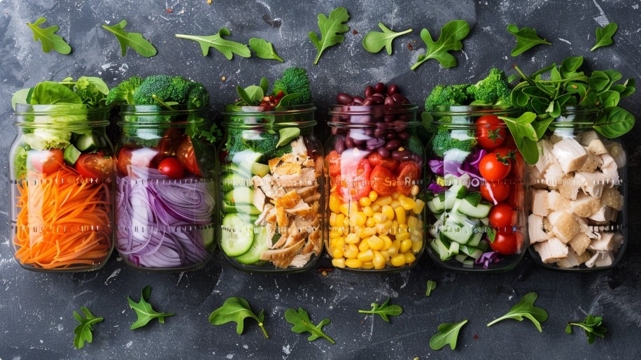 Mason jar salads prepared for healthy school lunches