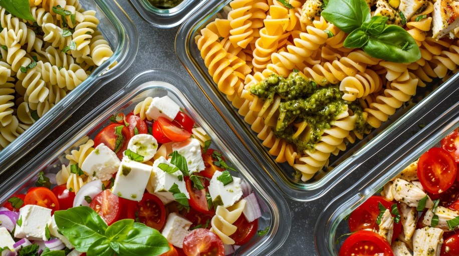Pasta salads arranged as healthy school lunches