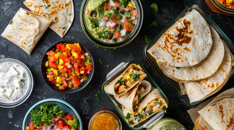 Quesadillas and roll-ups arranged for healthy school lunches