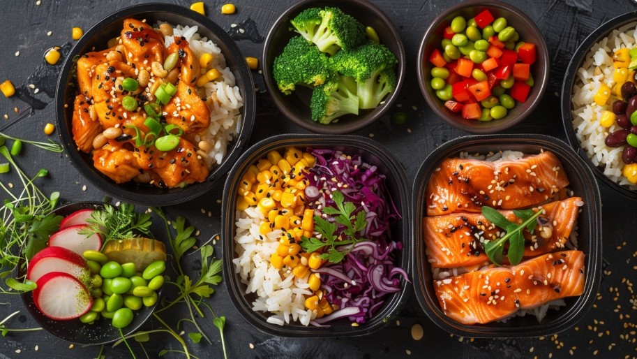 Rice bowls prepared as healthy school lunches