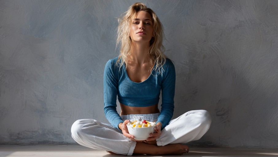 Teen girl smiling while holding her hand up to avoid donuts, showing mindful teen eating habits