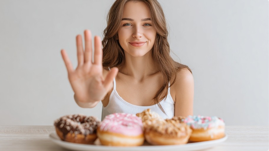 Teen girl smiling while holding her hand up to avoid donuts, showing mindful teen eating habits