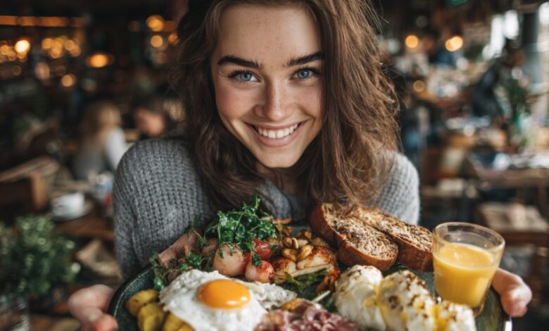 Teen girl smiling while holding a plate of balanced food representing healthy teen eating habits