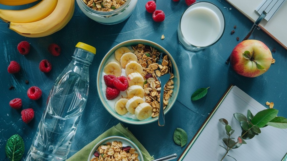 Flat-lay of healthy breakfast ingredients supporting teen eating habits