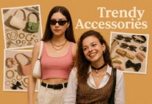 Stylish teen girls wearing trendy accessories in front of a collage of bags, jewelry, sunglasses and hair clips