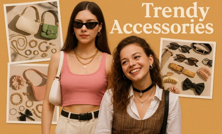 Stylish teen girls wearing trendy accessories in front of a collage of bags, jewelry, sunglasses and hair clips
