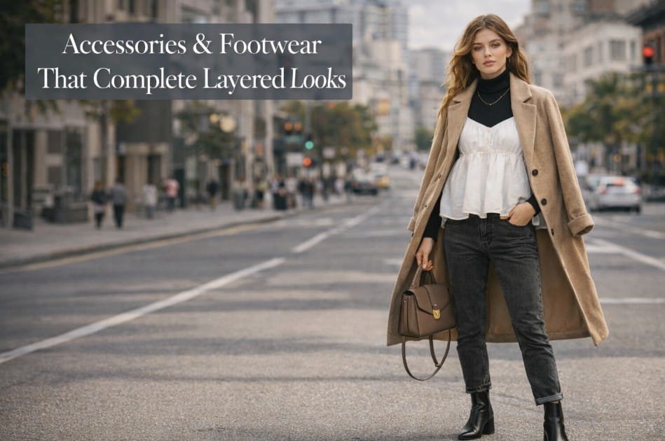 Layered babydoll top outfit styled with ankle boots, structured handbag, and minimal jewelry fashion editorial look