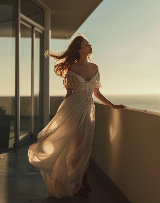 Flowing babydoll dress in warm sunset tones overlooking ocean