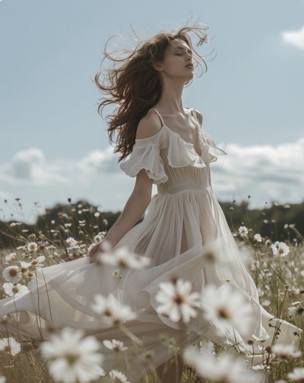 Woman wearing flowing babydoll dress surrounded by flowers in daylight