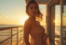 Woman wearing flowing babydoll dress standing on balcony overlooking the ocean