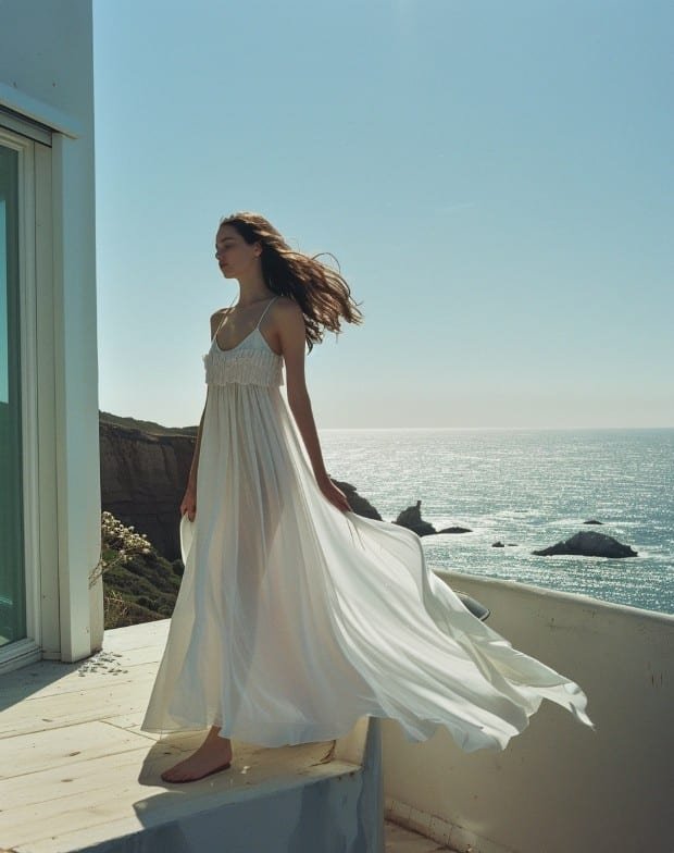 Woman wearing babydoll dress standing on oceanfront balcony in natural daylight