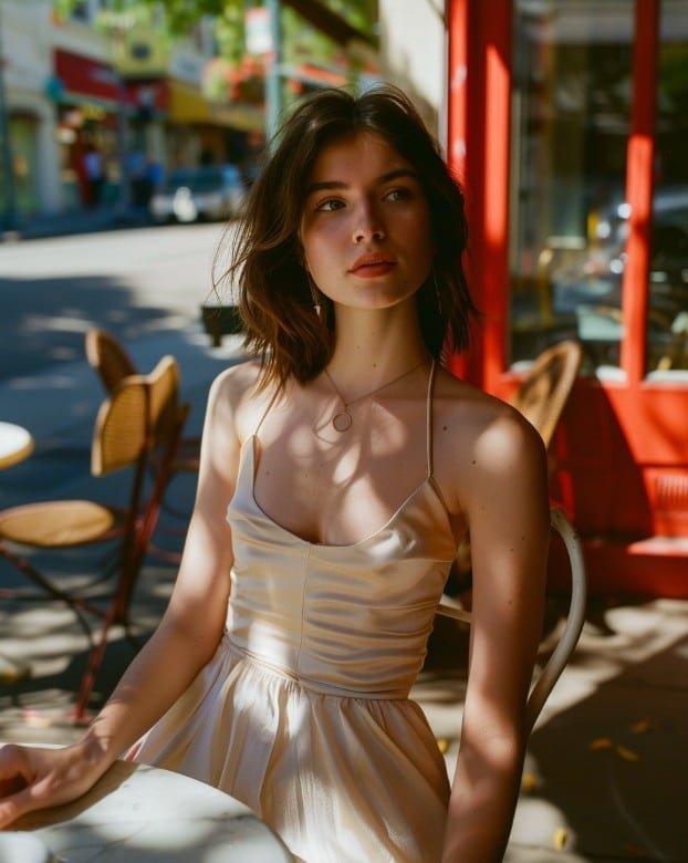 Woman with shorter torso wearing babydoll dress at outdoor café