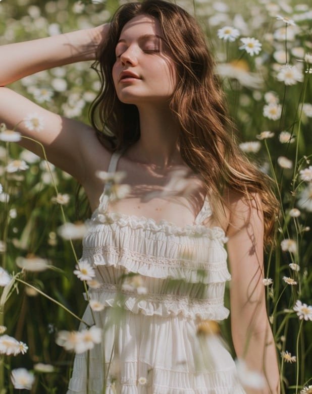 Close-up of babydoll dress fabric moving gently in floral environment
