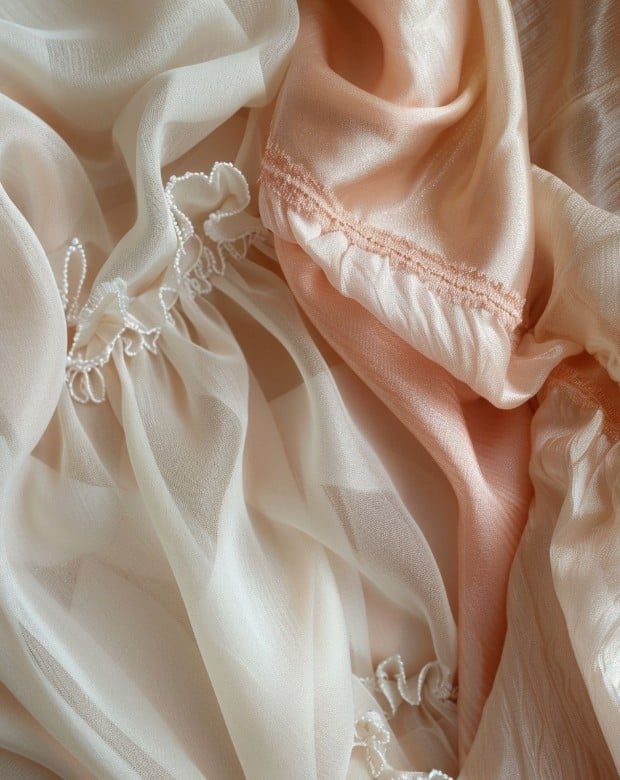 Close-up of cotton babydoll fabric and silk empire waist fabric