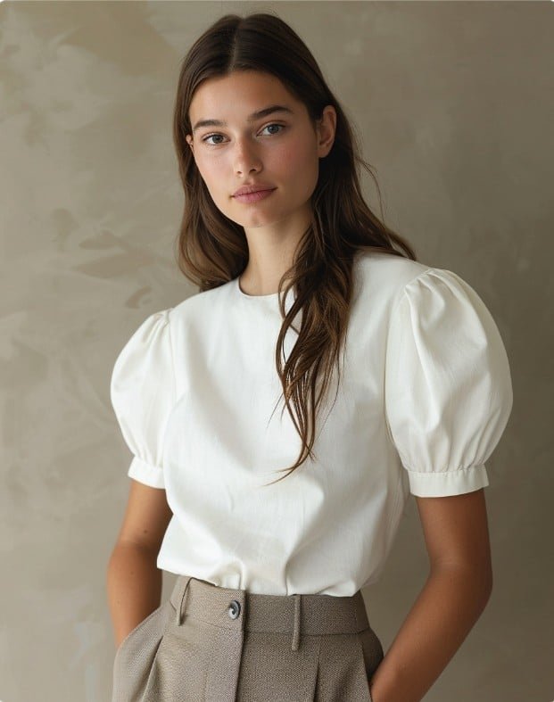 Babydoll top with visible seam and flowing fabric below the bust