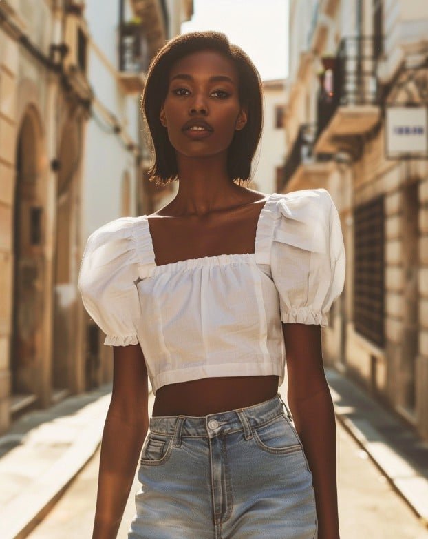 Babydoll top with visible seam and flowing fabric below the bust