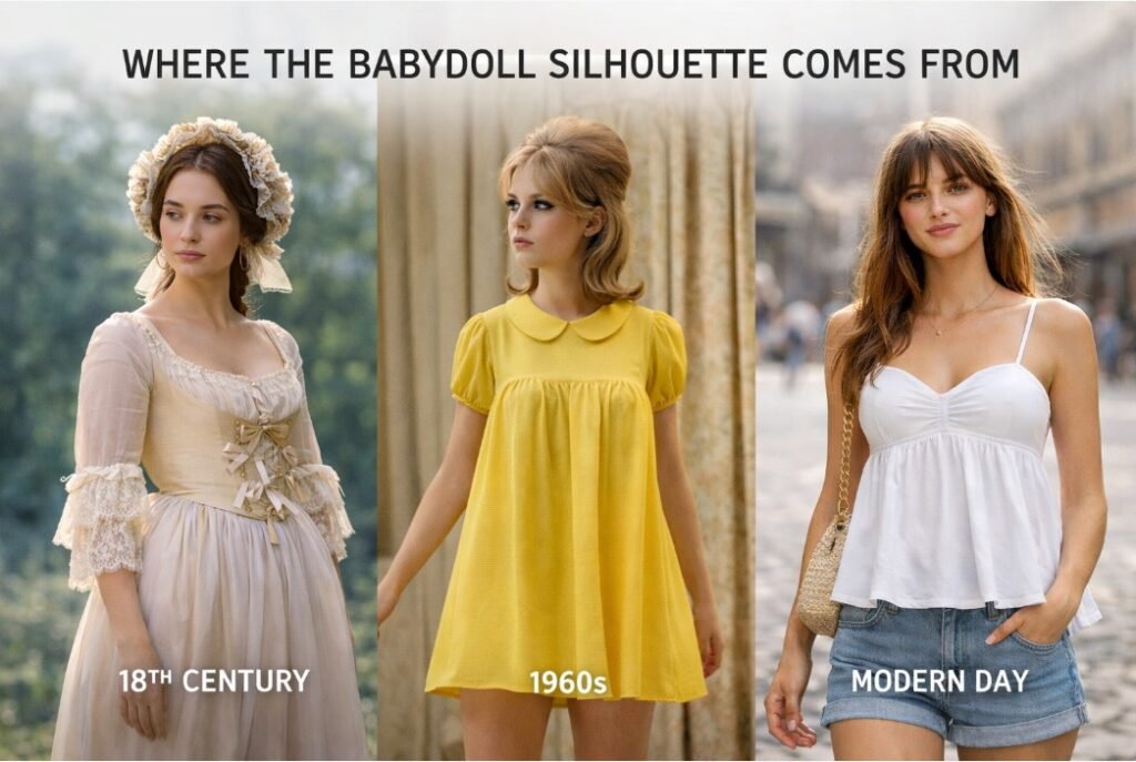 Babydoll silhouette fashion evolution from historical dress to 1960s babydoll dress and modern babydoll top street style