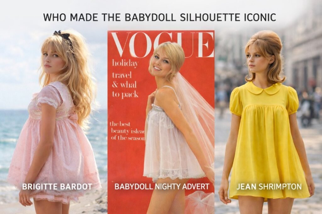 Fashion editorial collage showing iconic figures and influences that popularized the babydoll silhouette in 1960s fashion