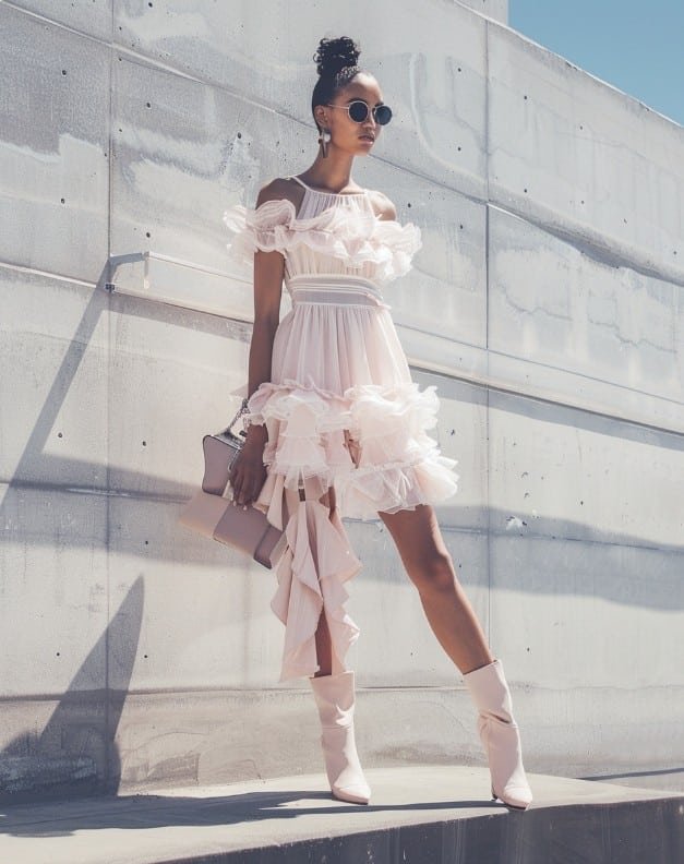 Babydoll top outfit styled with accessories footwear and handbag fashion editorial example