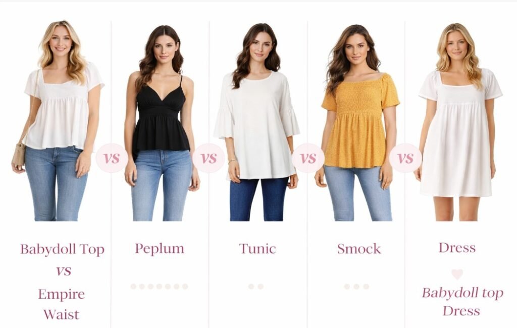 Babydoll top comparison showing empire waist, peplum, tunic, smock and babydoll dress silhouettes in modern fashion styling