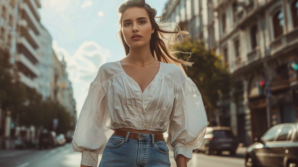 Woman wearing a flowing babydoll top with raised waist seam styled with straight-leg jeans