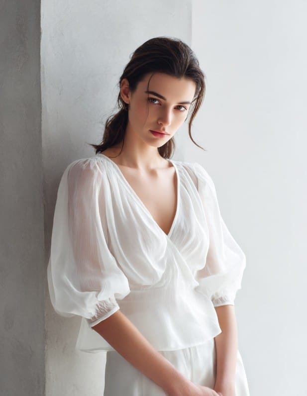 Babydoll top showing fabric texture and flared fit fashion editorial styling example