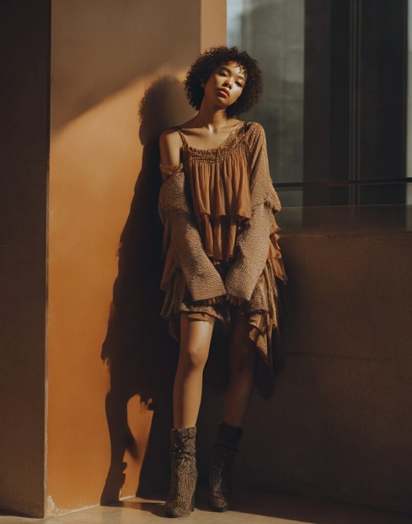 Babydoll top styled with fall knit layers and boots