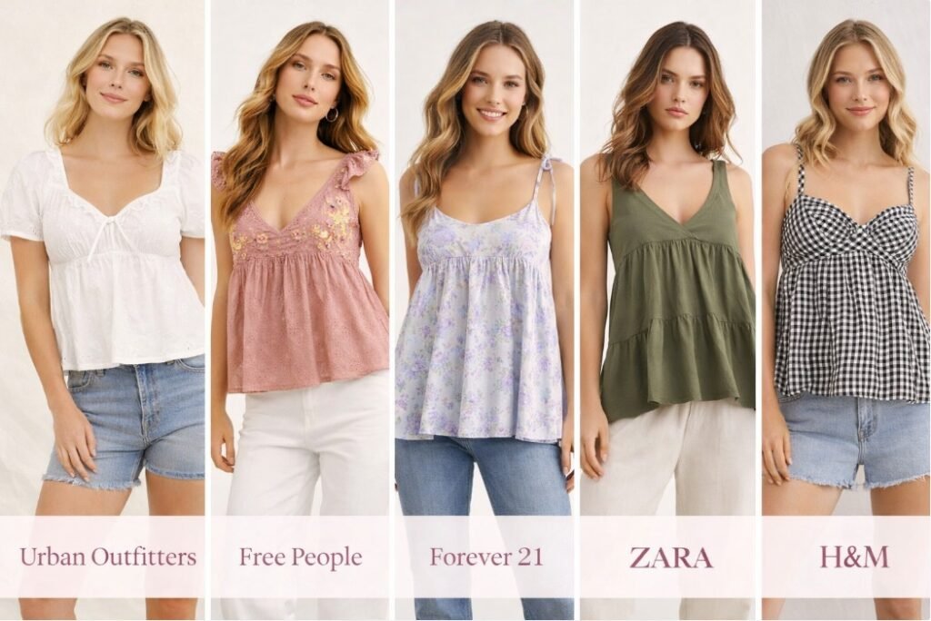 Babydoll top styles inspired by popular fashion brands showing modern silhouettes, fabrics and styling variations