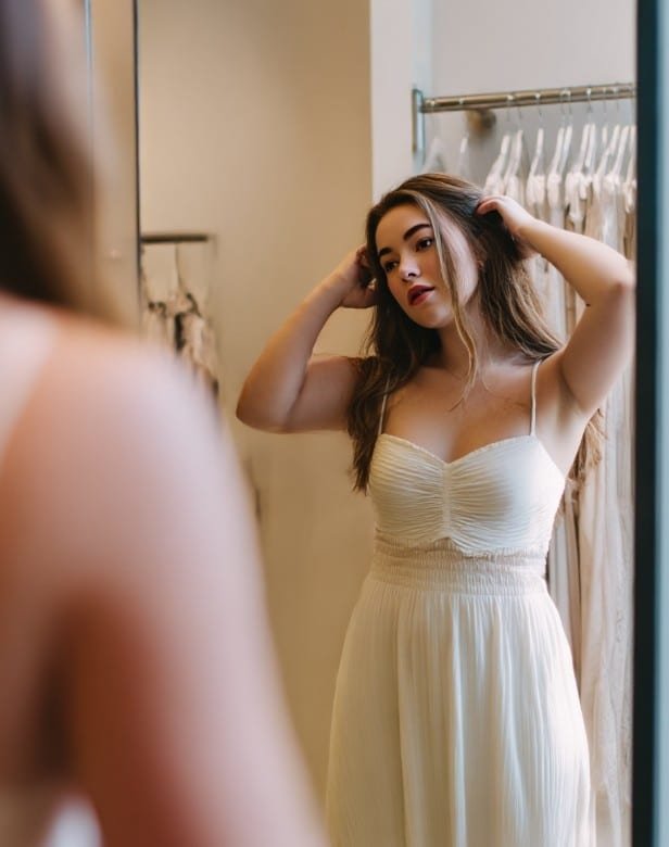 Woman checking babydoll top fit in mirror with defined empire seam and draping fabric