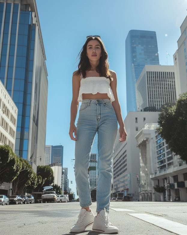 Babydoll top styled with straight jeans modern fashion photo