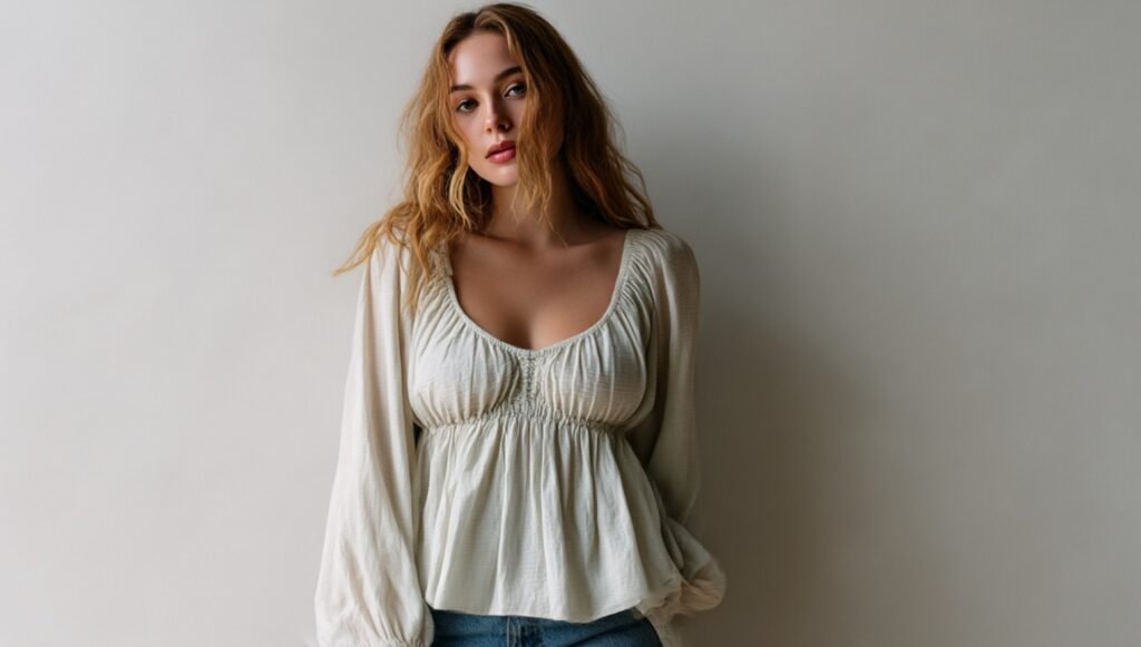 Woman wearing a white long sleeve babydoll top with a flowy silhouette indoors
