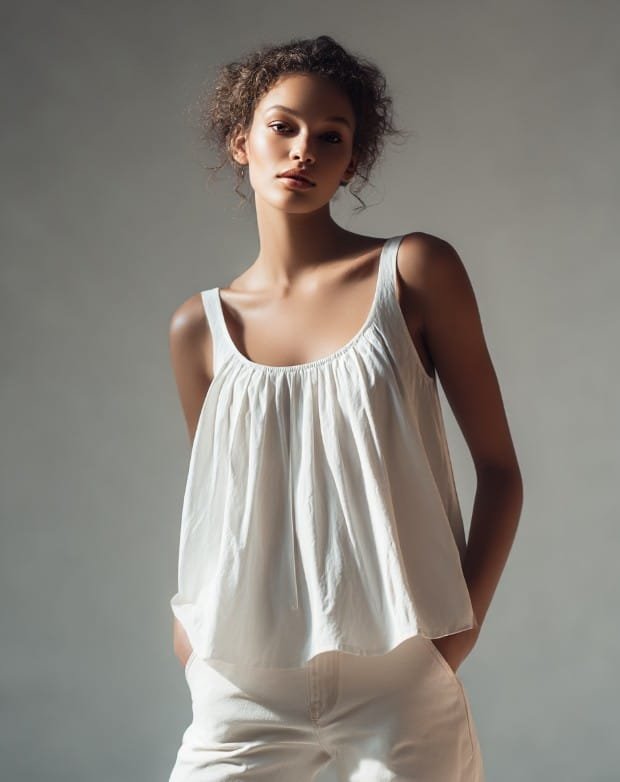 Woman wearing draped babydoll top designed for midsection comfort and flattering fit