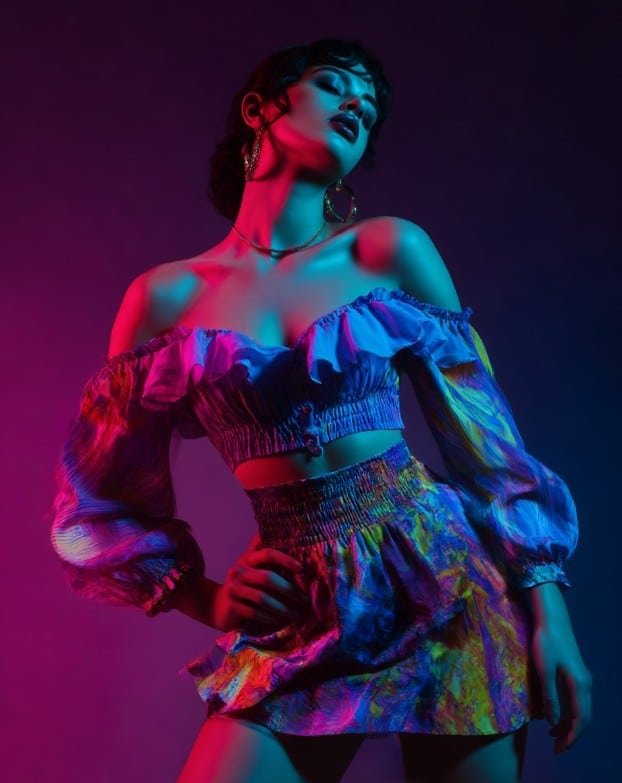 Fashion editorial babydoll top with mini skirt styling