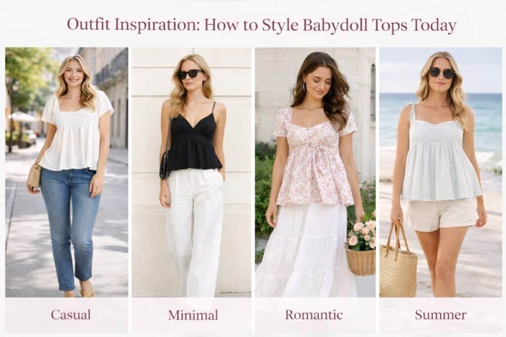 Babydoll top outfit inspiration showing casual, minimal, romantic and summer styling ideas in modern fashion