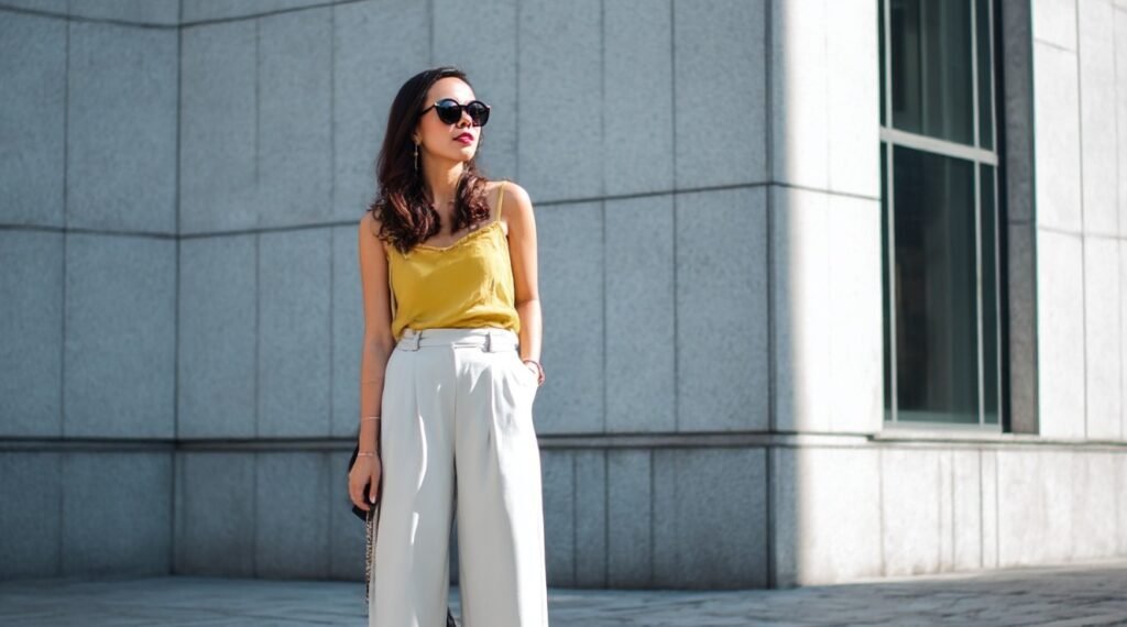 Yellow babydoll-style cami top paired with high-waisted white wide-leg trousers